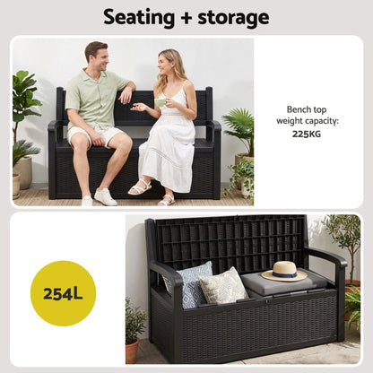 Gardeon Outdoor Storage Box Bench 254L Resin Armset Backrest Lockable Black - Image 5