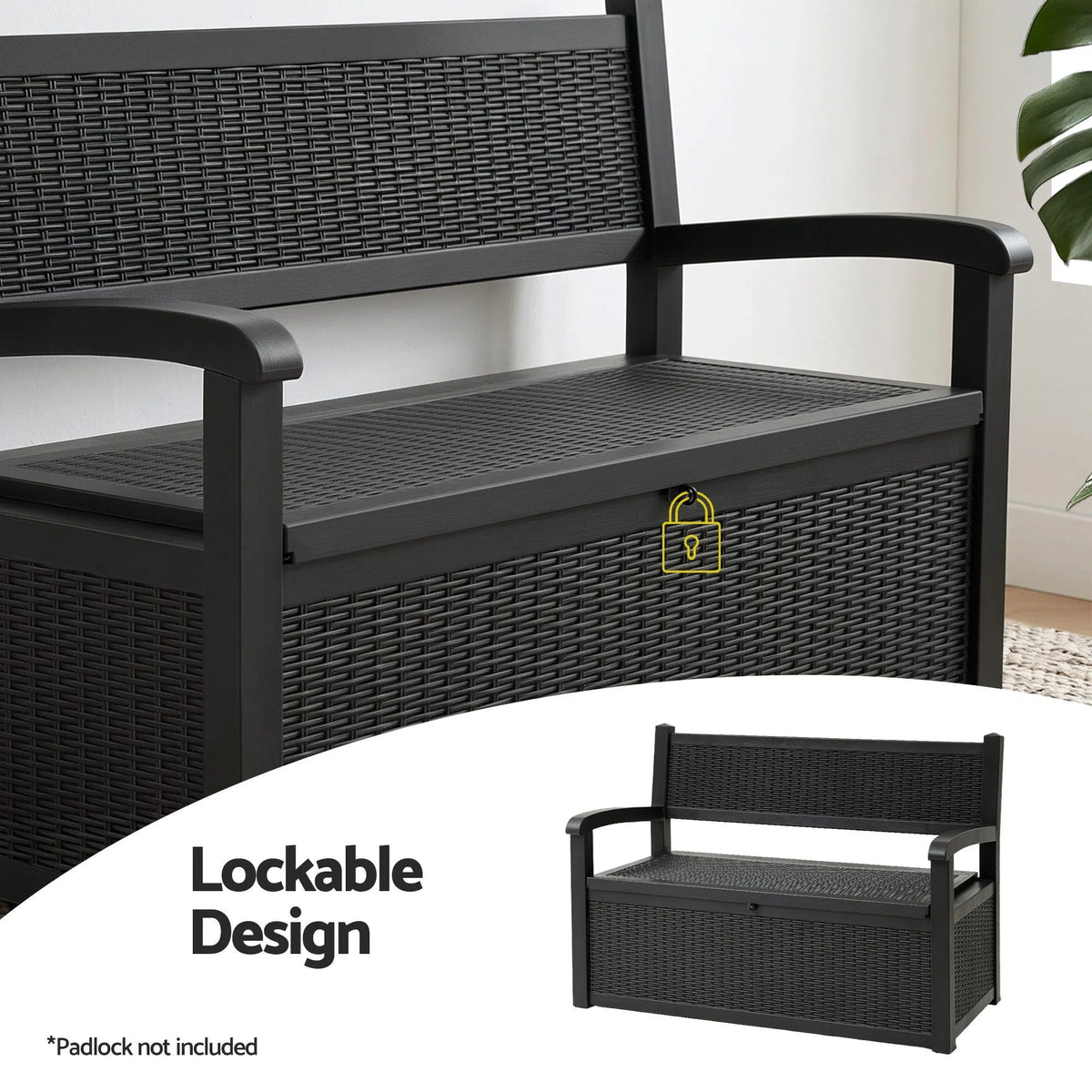 Gardeon Outdoor Storage Box Bench 254L Resin Armset Backrest Lockable Black - Image 6
