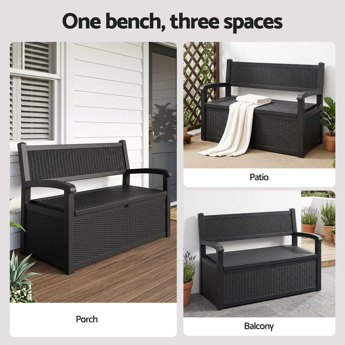 Gardeon Outdoor Storage Box Bench 254L Resin Armset Backrest Lockable Black - Image 7