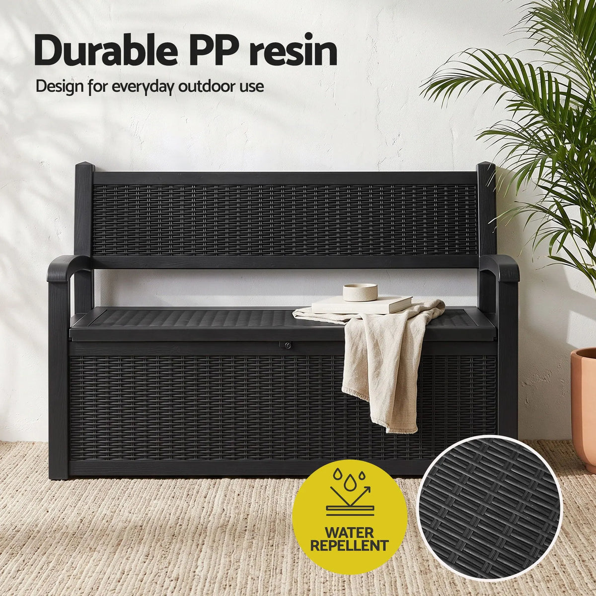 Gardeon Outdoor Storage Box Bench 254L Resin Armset Backrest Lockable Black - Image 8