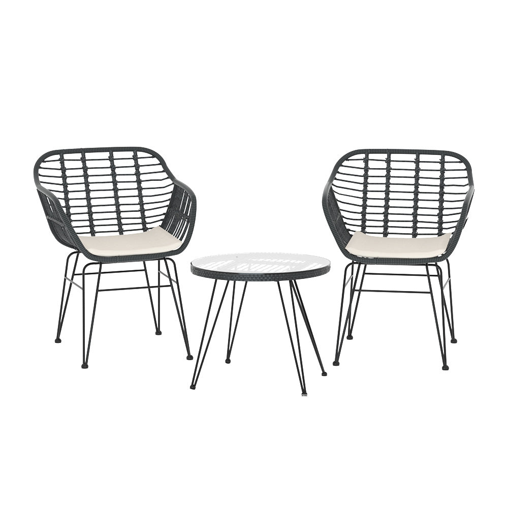 Gardeon 3PC Outdoor Furniture Bistro Set Lounge Setting Table Chairs Cushion Patio Grey - Image 3