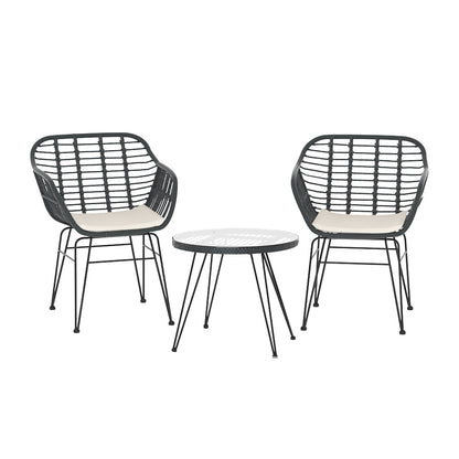 Gardeon 3PC Outdoor Furniture Bistro Set Lounge Setting Table Chairs Cushion Patio Grey - Image 3