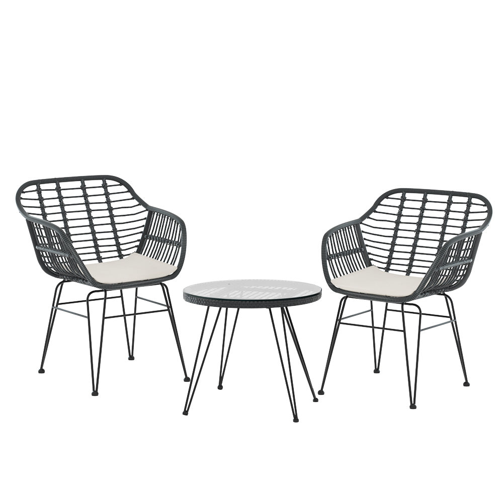 Gardeon 3PC Outdoor Furniture Bistro Set Lounge Setting Table Chairs Cushion Patio Grey - Image 5