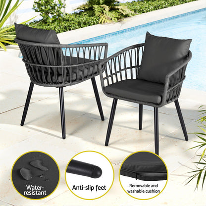 Gardeon 3PC Outdoor Bistro Set Patio Furniture Lounge Setting Table and Chairs Grey - Image 5
