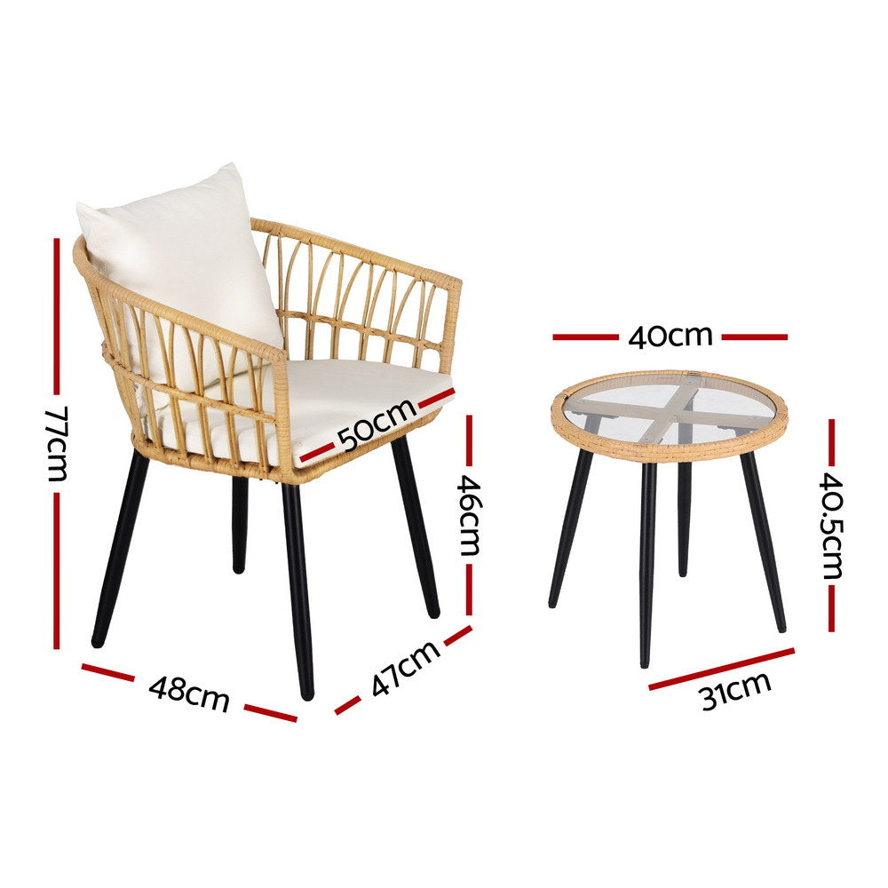 Gardeon 3PC Outdoor Bistro Set Patio Furniture Lounge Setting Table and Chairs Natural - Image 2