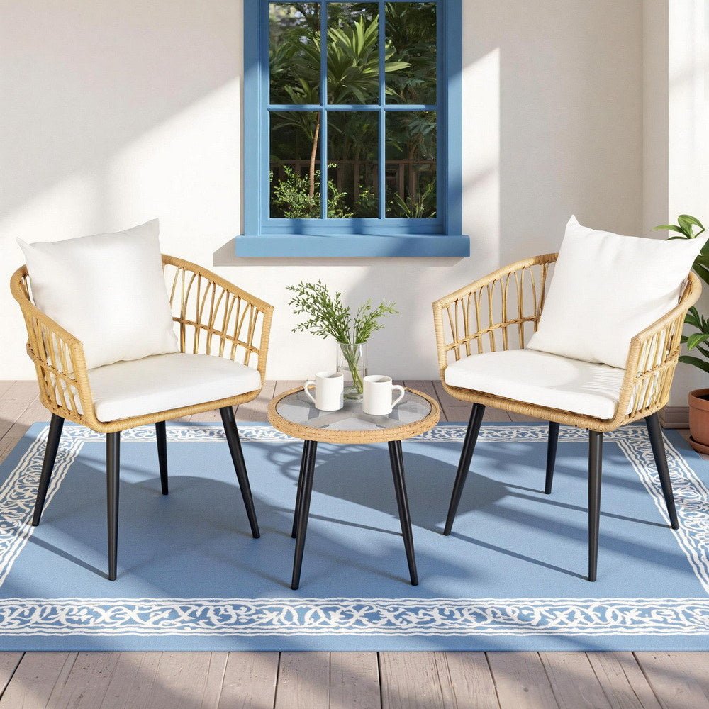 Gardeon 3PC Outdoor Bistro Set Patio Furniture Lounge Setting Table and Chairs Natural - Image 7