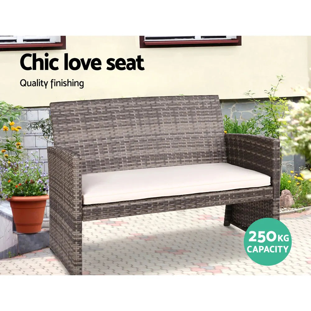 Gardeon 4 PCS Outdoor Sofa Set Rattan Chair Table Setting Garden Furniture Grey - Image 3