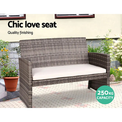 Gardeon 4 PCS Outdoor Sofa Set Rattan Chair Table Setting Garden Furniture Grey - Image 3