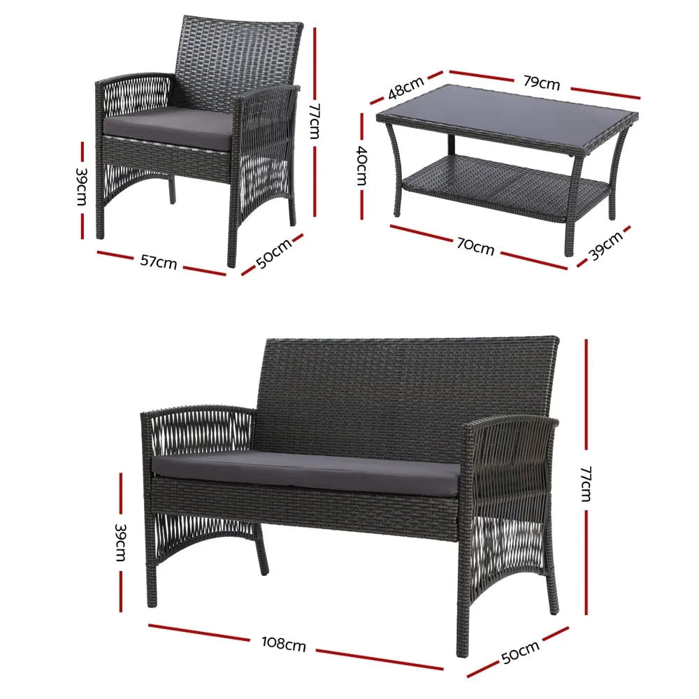 Gardeon 4PCS Outdoor Sofa Set Wicker Harp Chair Table Garden Furniture Grey - Image 2