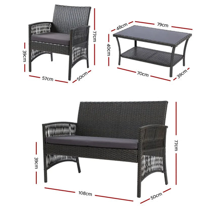Gardeon 4PCS Outdoor Sofa Set Wicker Harp Chair Table Garden Furniture Grey - Image 2