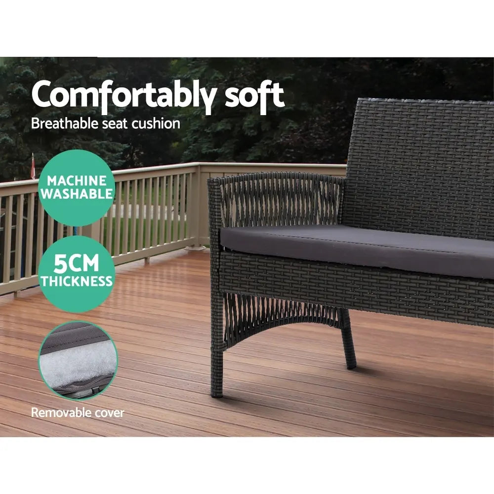 Gardeon 4PCS Outdoor Sofa Set Wicker Harp Chair Table Garden Furniture Grey - Image 7