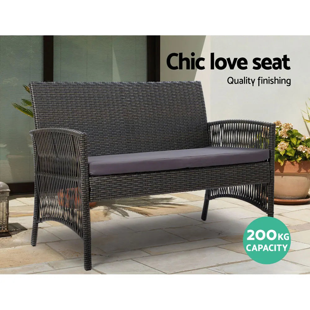 Gardeon 4PCS Outdoor Sofa Set with Storage Cover Wicker Harp Chair Table Grey - Image 4