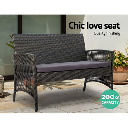 Gardeon 4PCS Outdoor Sofa Set with Storage Cover Wicker Harp Chair Table Grey - Image 4