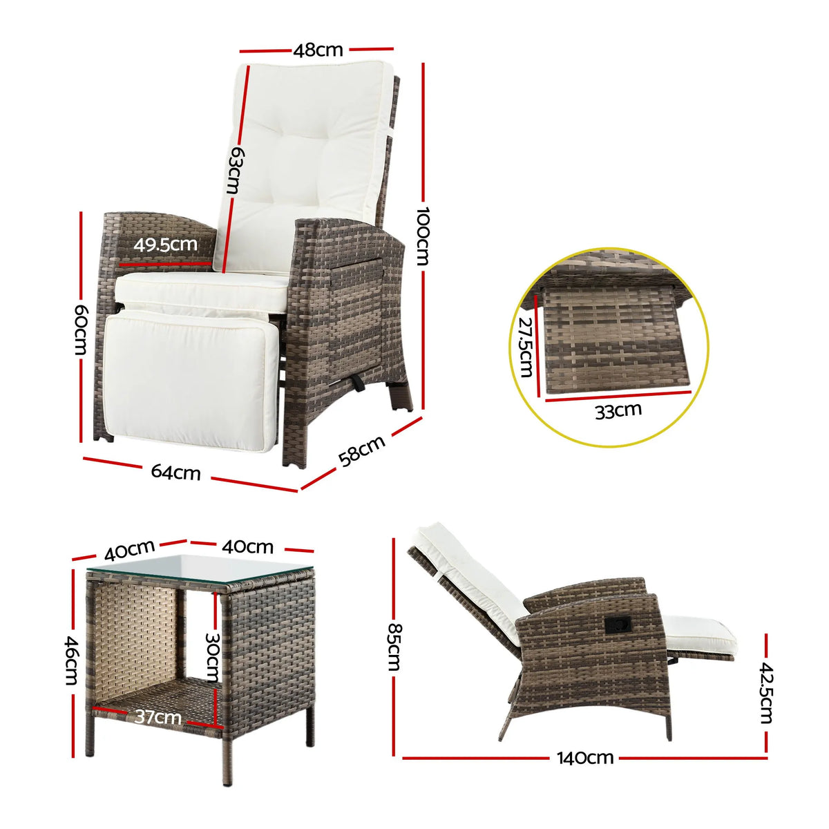 Gardeon 3PC Outdoor Bistro Set Recliner Chairs Table Sun lounge Patio Furniture Wicker Adjustable - Image 2