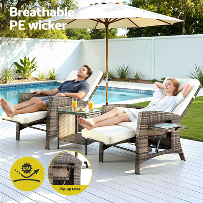 Gardeon 3PC Outdoor Bistro Set Recliner Chairs Table Sun lounge Patio Furniture Wicker Adjustable - Image 4