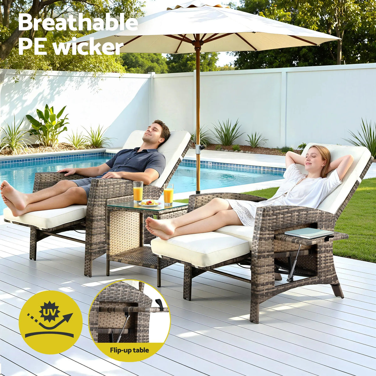 Gardeon 3PC Outdoor Bistro Set Recliner Chairs Table Sun lounge Patio Furniture Wicker Adjustable - Image 4