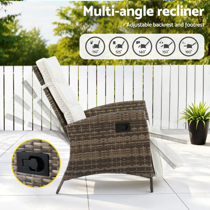 Gardeon 3PC Outdoor Bistro Set Recliner Chairs Table Sun lounge Patio Furniture Wicker Adjustable - Image 5