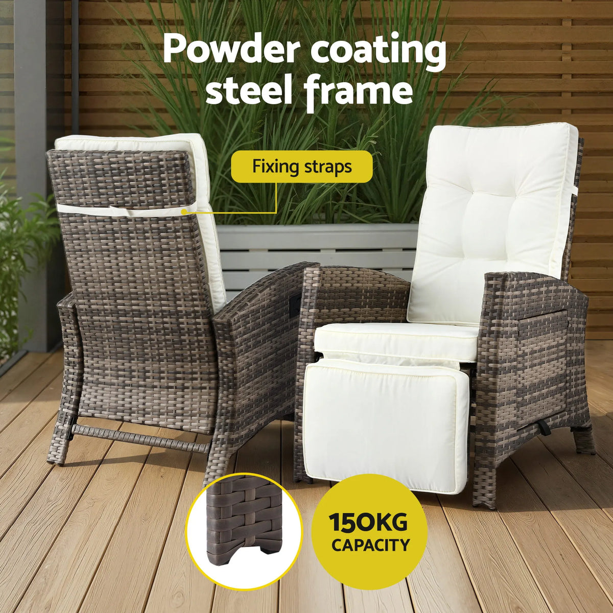 Gardeon 3PC Outdoor Bistro Set Recliner Chairs Table Sun lounge Patio Furniture Wicker Adjustable - Image 6