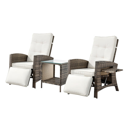 Gardeon 3PC Outdoor Bistro Set Recliner Chairs Table Sun lounge Patio Furniture Wicker Adjustable - Image 8