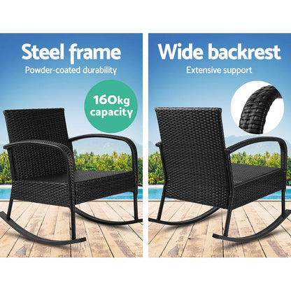 Gardeon Outdoor Furniture Rocking Chair Wicker Garden Patio Lounge Setting Black - Image 6