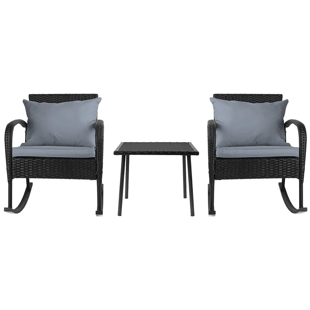 Gardeon 3PC Rocking Chair Table Wicker Outdoor Furniture Patio Bistro Set Black - Image 3