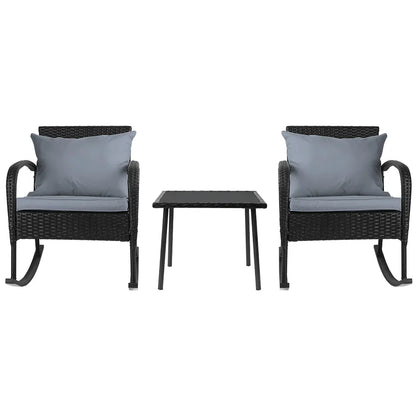 Gardeon 3PC Rocking Chair Table Wicker Outdoor Furniture Patio Bistro Set Black - Image 3