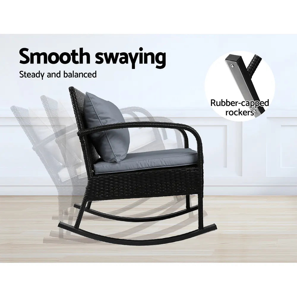 Gardeon 3PC Rocking Chair Table Wicker Outdoor Furniture Patio Bistro Set Black - Image 4