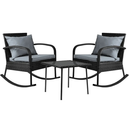 Gardeon 3PC Rocking Chair Table Wicker Outdoor Furniture Patio Bistro Set Black - Image 8