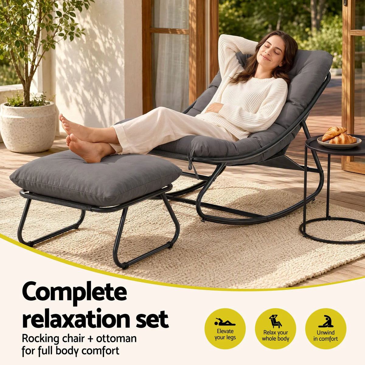 Gardeon Rocking Chair with Footrest Mesh Seat Cushion Outdoor Chairs Grey - Image 5
