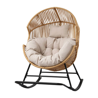 Gardeon Outdoor Egg Rocking Chair Rattan Lounger with Thick Cushion Patio Furniture Natural - Image 2