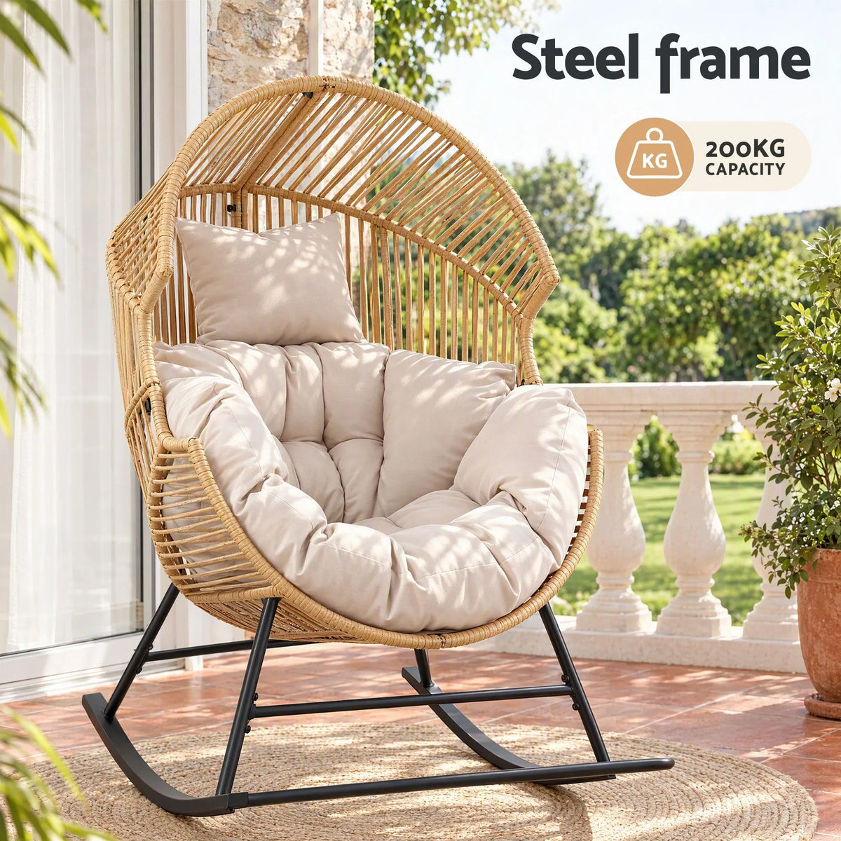 Gardeon Outdoor Egg Rocking Chair Rattan Lounger with Thick Cushion Patio Furniture Natural - Image 5