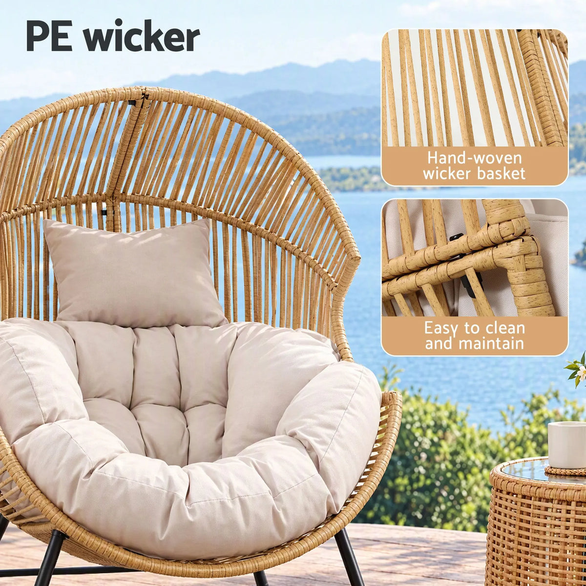 Gardeon Outdoor Egg Rocking Chair Rattan Lounger with Thick Cushion Patio Furniture Natural - Image 6