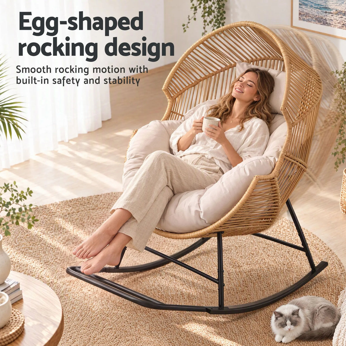 Gardeon Outdoor Egg Rocking Chair Rattan Lounger with Thick Cushion Patio Furniture Natural - Image 7