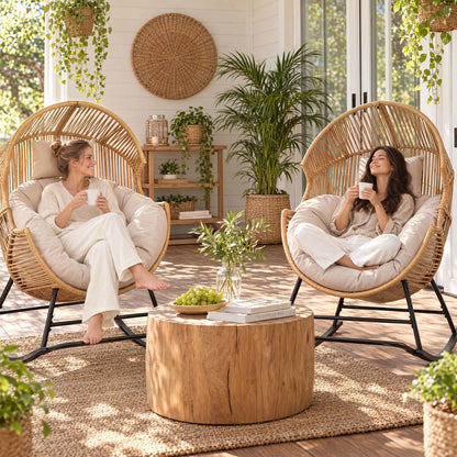 Gardeon Outdoor Egg Rocking Chair Rattan Lounger with Thick Cushion Patio Furniture Natural - Image 9