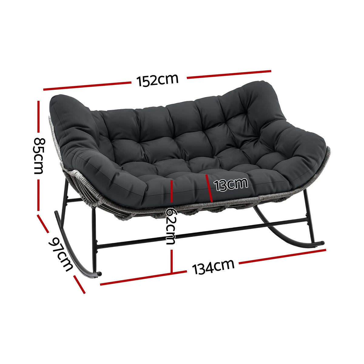 Gardeon Outdoor Rocking Chair Loveseat Wicker 2 Seater Cushion Patio Furniture Grey - Image 3