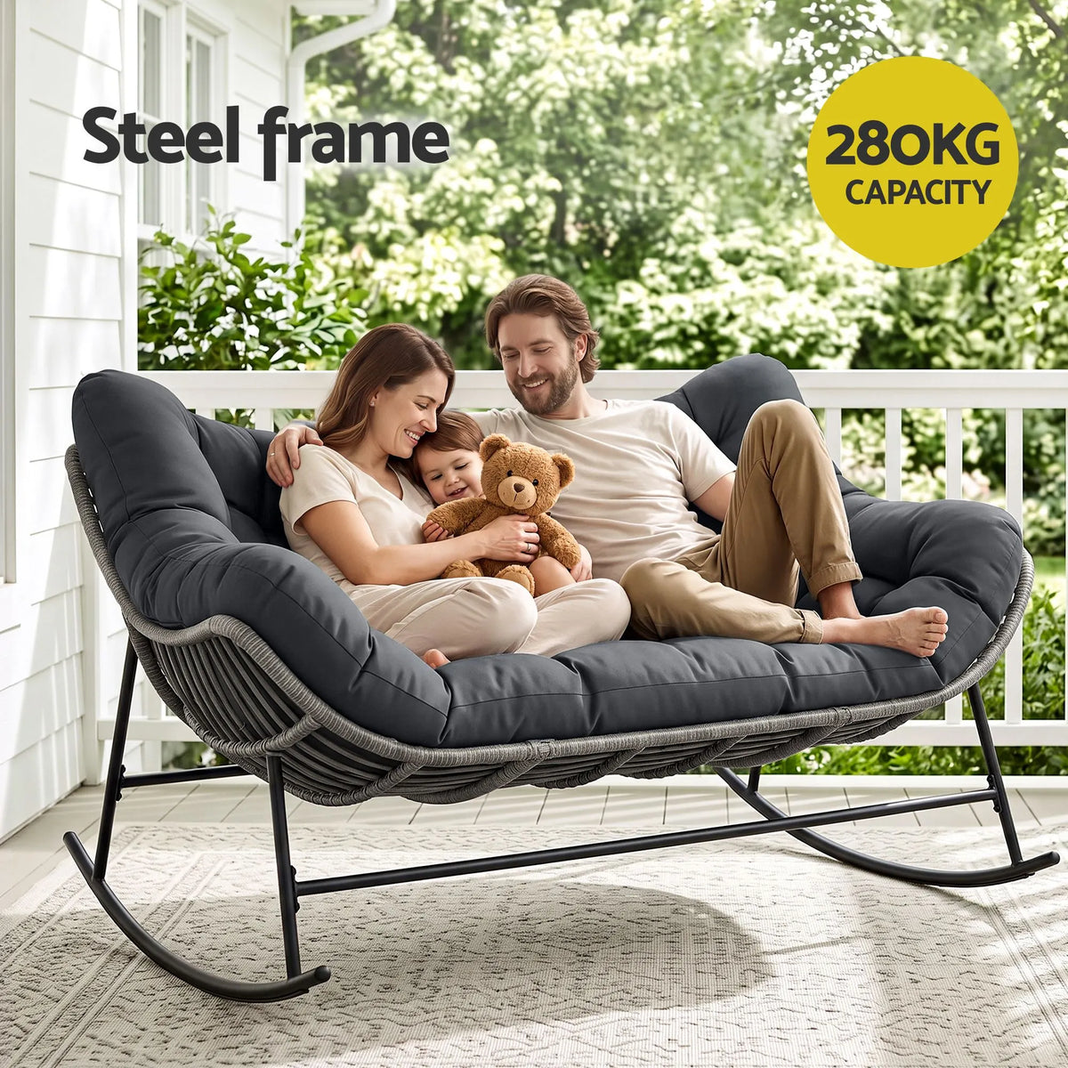 Gardeon Outdoor Rocking Chair Loveseat Wicker 2 Seater Cushion Patio Furniture Grey - Image 5