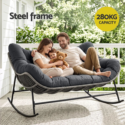 Gardeon Outdoor Rocking Chair Loveseat Wicker 2 Seater Cushion Patio Furniture Grey - Image 5