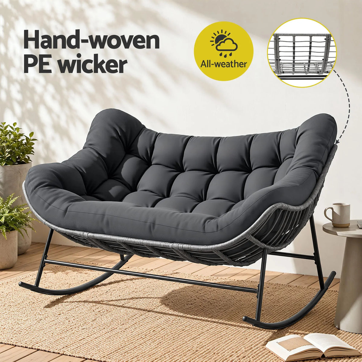 Gardeon Outdoor Rocking Chair Loveseat Wicker 2 Seater Cushion Patio Furniture Grey - Image 6