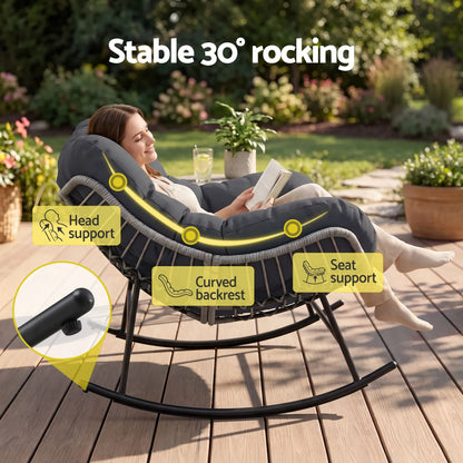 Gardeon Outdoor Rocking Chair Loveseat Wicker 2 Seater Cushion Patio Furniture Grey - Image 7