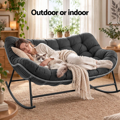 Gardeon Outdoor Rocking Chair Loveseat Wicker 2 Seater Cushion Patio Furniture Grey - Image 9