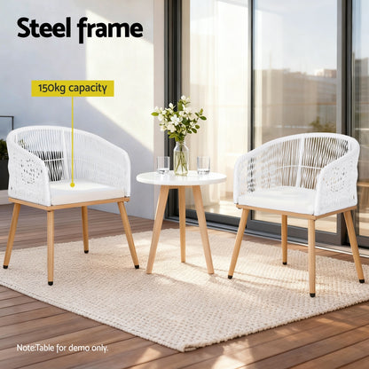 Gardeon 2PC Outdoor Dining Chairs Wicker Chair Patio Furniture Garden Steel White - Image 5