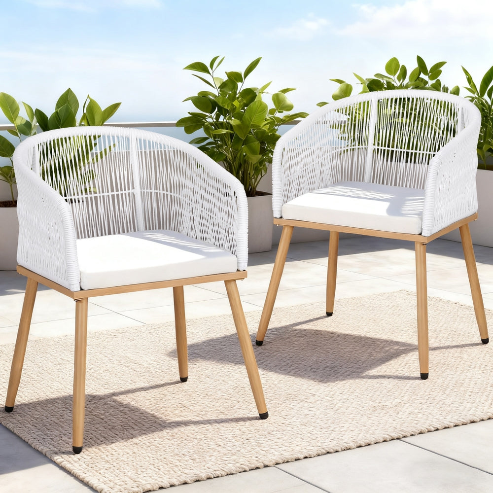 Gardeon 2PC Outdoor Dining Chairs Wicker Chair Patio Furniture Garden Steel White - Image 7