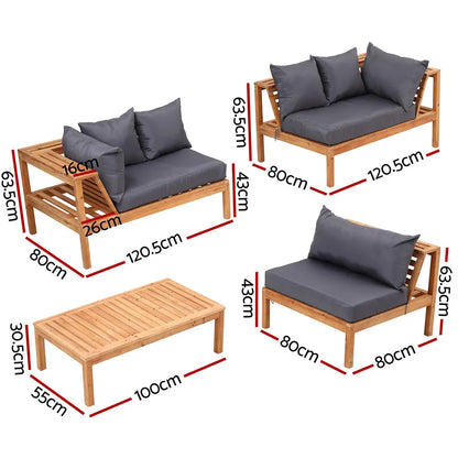Gardeon 4 Pieces Outdoor Sofa Set 5-Seater Wooden Bench with Built-in Side Table - Image 3