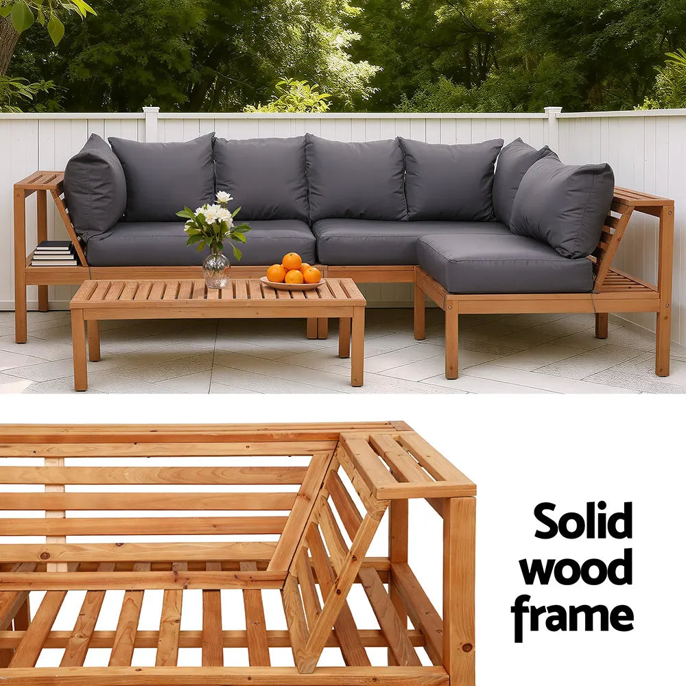 Gardeon 4 Pieces Outdoor Sofa Set 5-Seater Wooden Bench with Built-in Side Table - Image 5