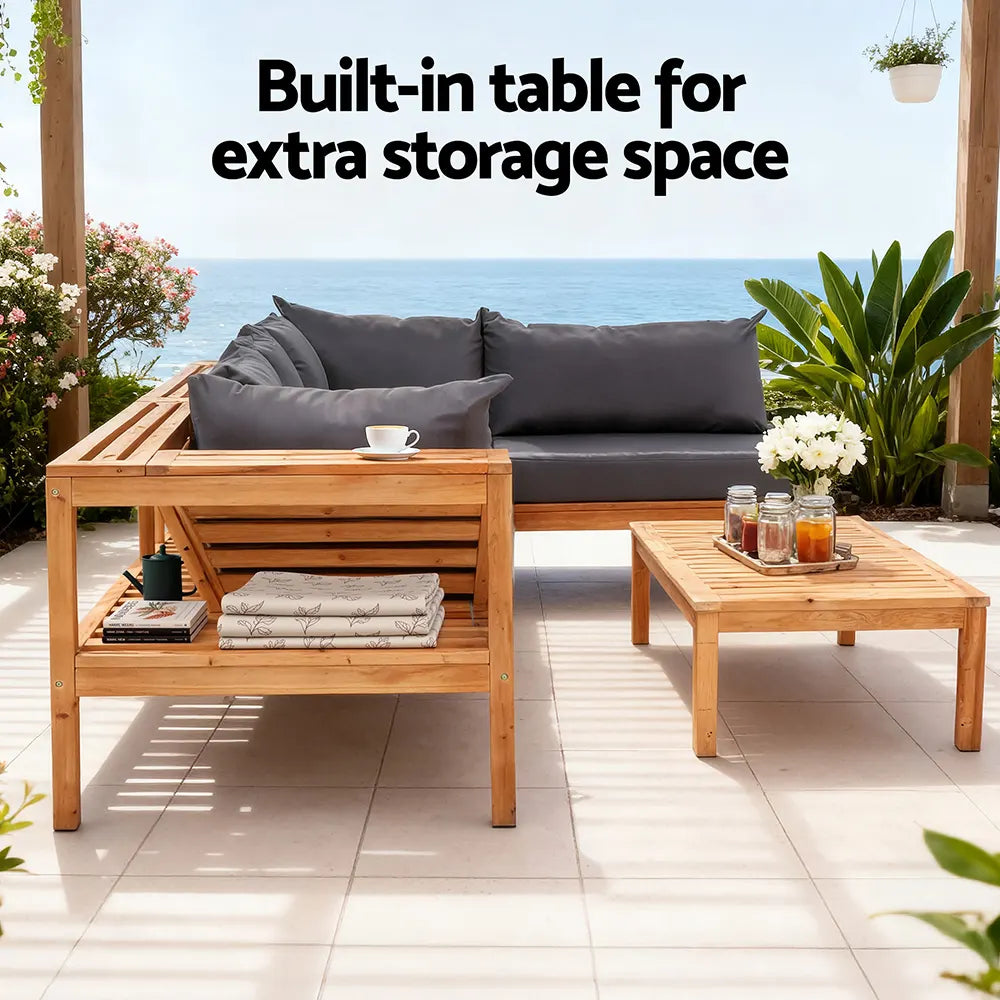 Gardeon 4 Pieces Outdoor Sofa Set 5-Seater Wooden Bench with Built-in Side Table - Image 6