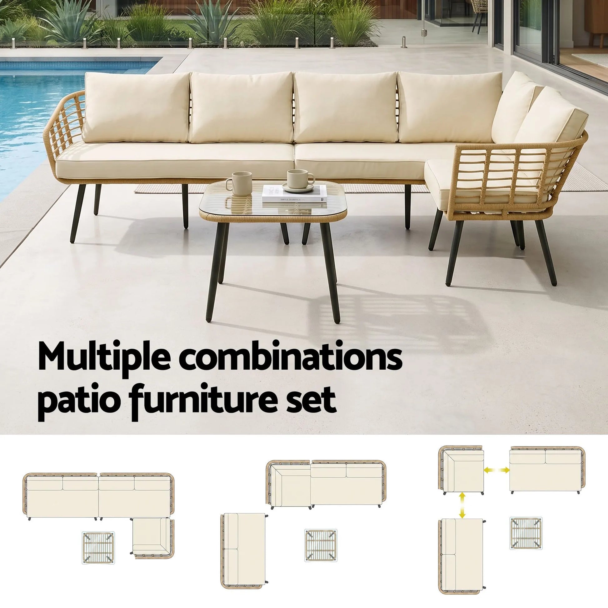 Gardeon 4-Piece Modular Outdoor Sofa Set with Cushions 5 Seater Rattan Furniture - Image 4