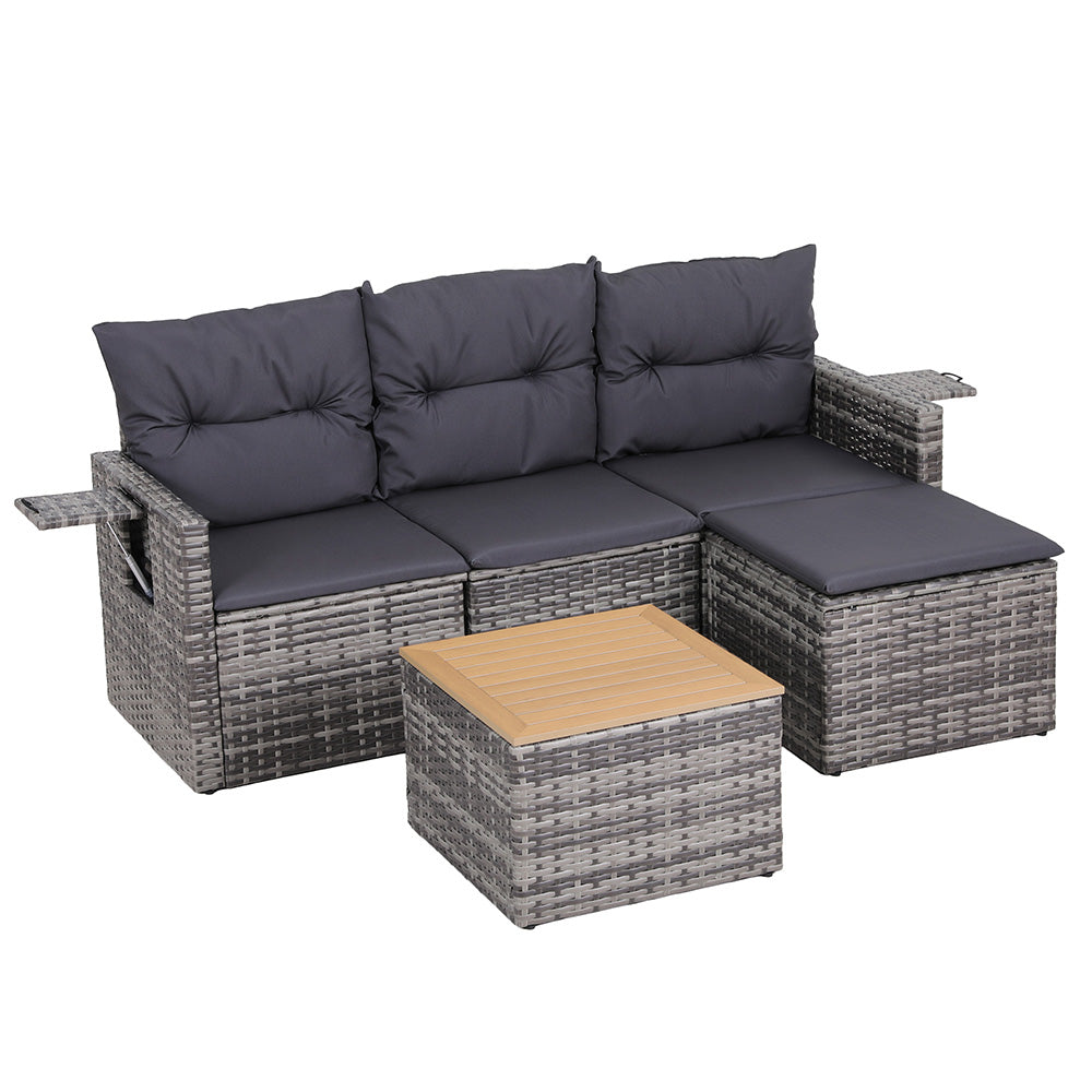 Gardeon 5 Pieces Outdoor Sofa Set 4-Seater Grey Rattan Patio Furniture Table and Chair Setting - Image 2