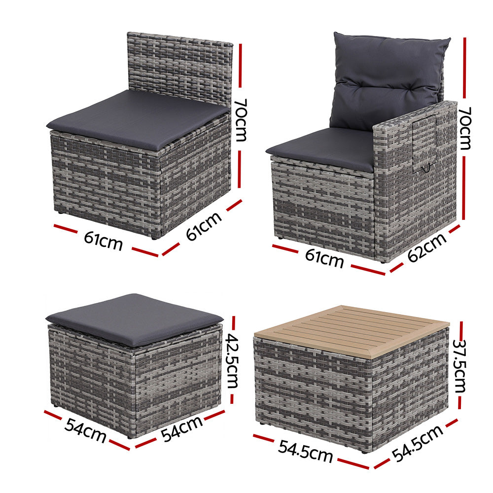 Gardeon 5 Pieces Outdoor Sofa Set 4-Seater Grey Rattan Patio Furniture Table and Chair Setting - Image 3