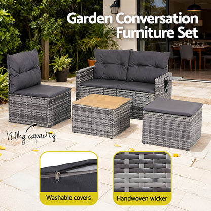 Gardeon 5 Pieces Outdoor Sofa Set 4-Seater Grey Rattan Patio Furniture Table and Chair Setting - Image 5