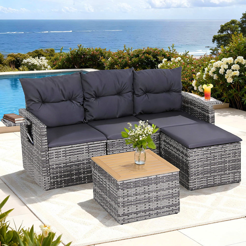 Gardeon 5 Pieces Outdoor Sofa Set 4-Seater Grey Rattan Patio Furniture Table and Chair Setting - Image 8